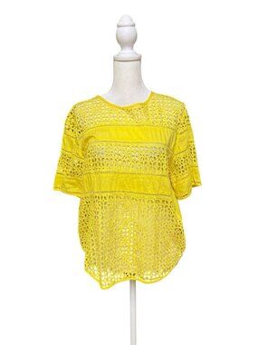 H&M Yellow Eyelet Lace Blouse Size 12 Cotton Short Sleeve Top